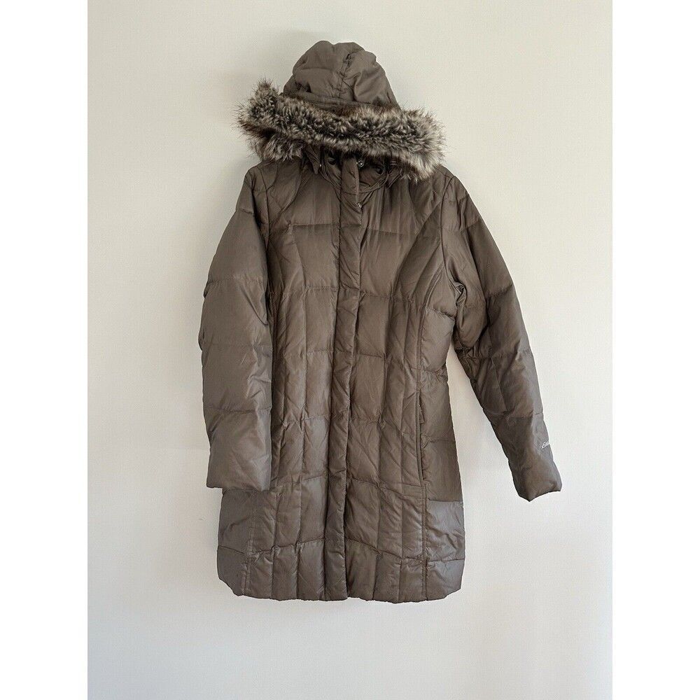 Eddie Bauer Down Puffer Jacket Faux Fur Hood Zip Up Buttons Pockets Brown Size M